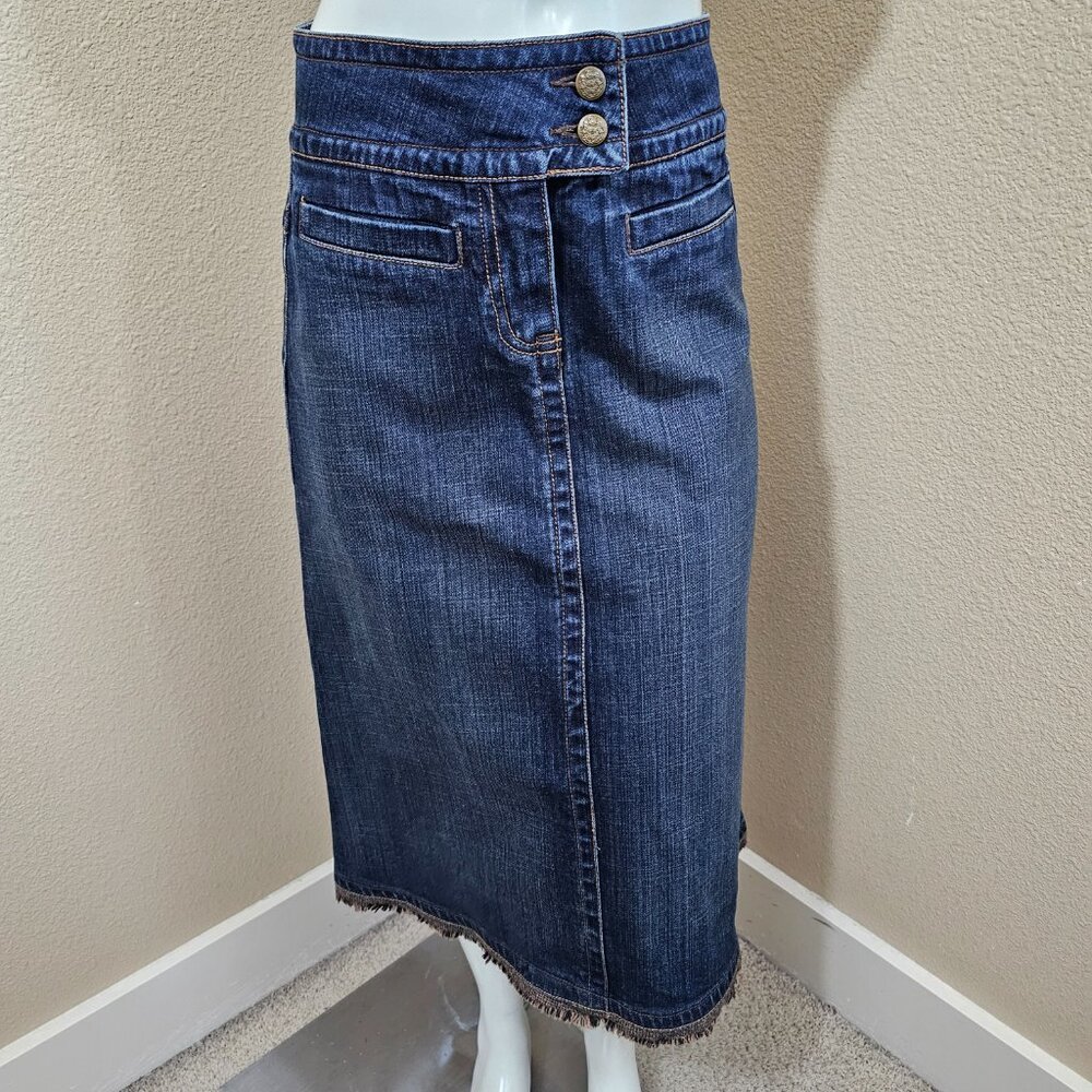 CABI Dark Wash A-line Fringe Hem Jeans Skirt~#621~Size 0